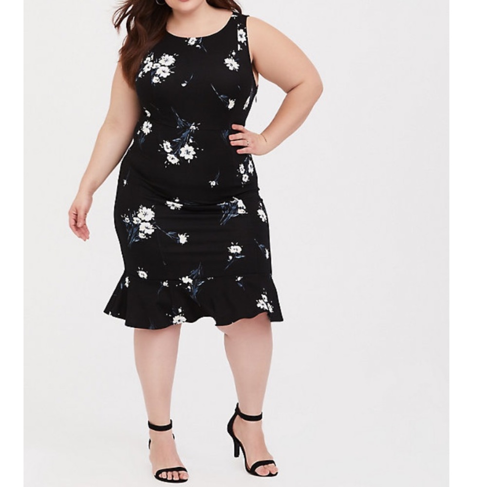Black floral Ponte flounce dress